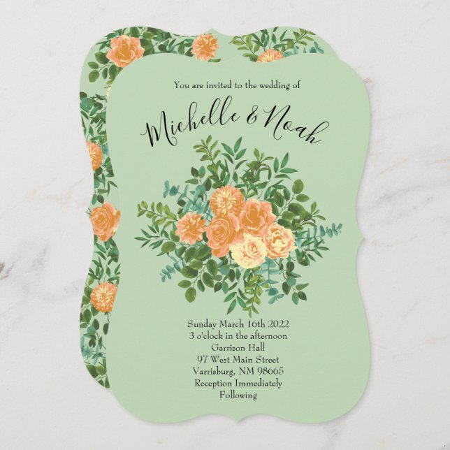 Convite Peach & Light Green Peony & Rosa Floral Weding (Frente/Verso)