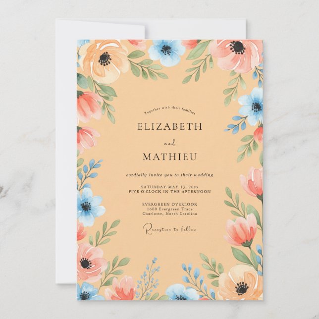 Convite Peach Luminous Watercolor Summer Wedding (Frente)