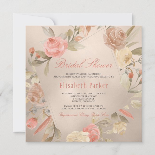 Convite Peach Luxury Faux Gold Foil Floral Chá de panela (Frente)