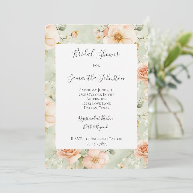 Convite Peach Mint Pretty Rose Floral Bridal Shower (Em pé/Frente)