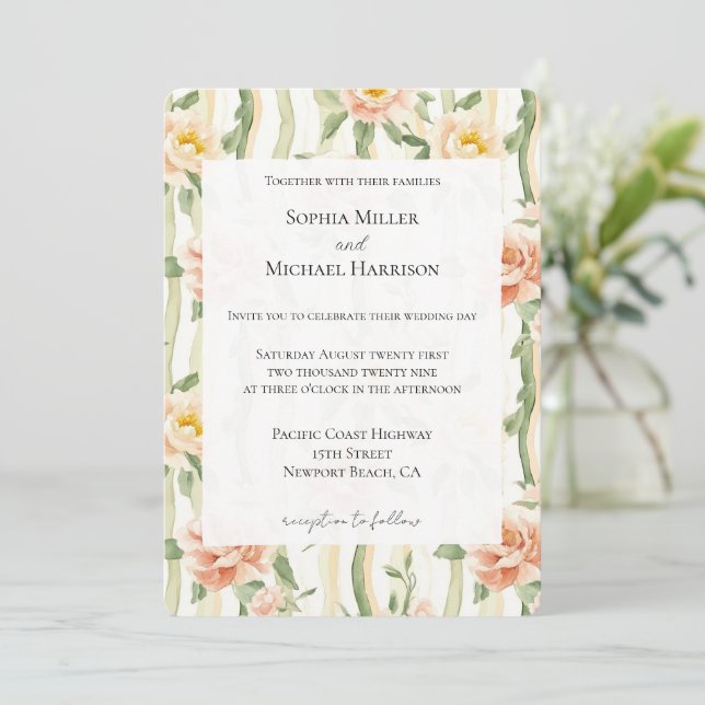Convite Peach Mint Roses Floral Stripes Wedding (Em pé/Frente)