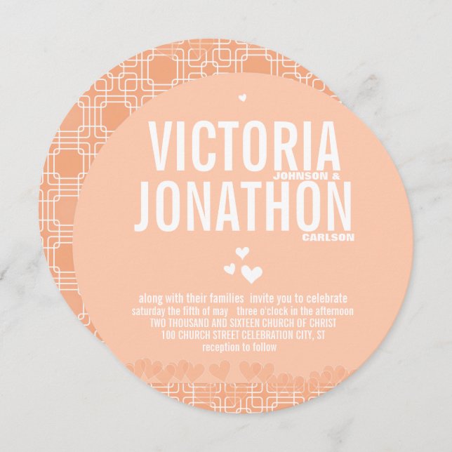 Convite Peach Modern HeartsTypografia Wedding (Frente/Verso)