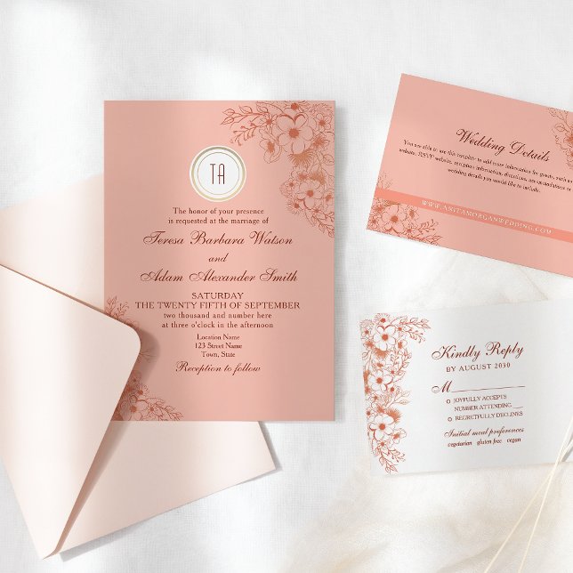 Convite Peach Monograma Wedding (Criador carregado)