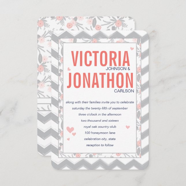 Convite Peach Navy and Grey Zig Zag Typography Wedding (Frente/Verso)