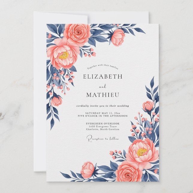 Convite Peach Navy Exquisite Floral Wedding (Frente)