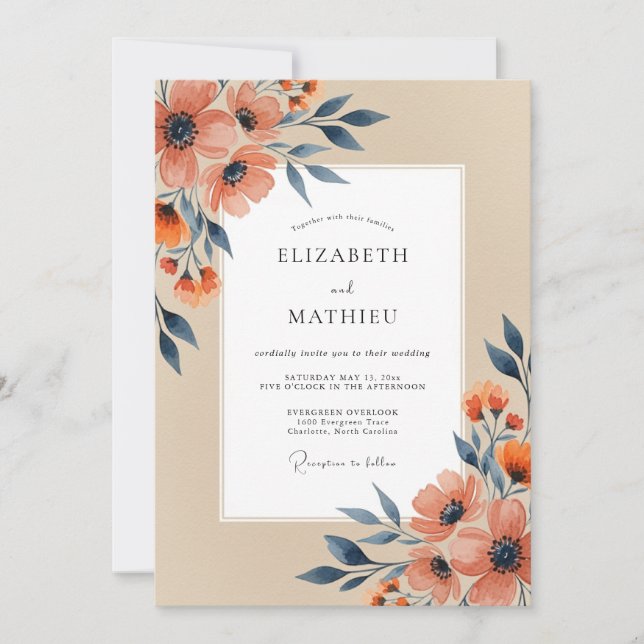 Convite Peach Navy Refined Autumn Wedding (Frente)