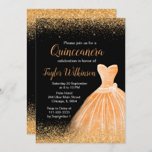 Convite Peach Orange Dress Faux Glitter Quinceanera
