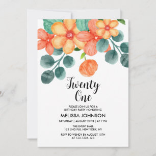 Convite Peach Orange Greenery Primavera aniversário de 21 