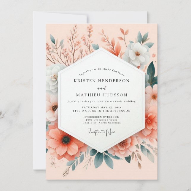 Convite Peach Painterly Botanical Wedding (Frente)