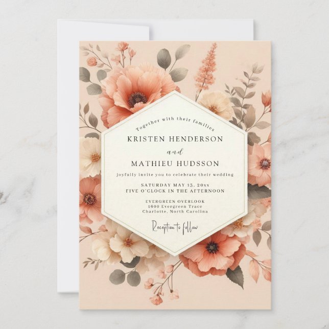 Convite Peach Painterly Poppy Wedding (Frente)
