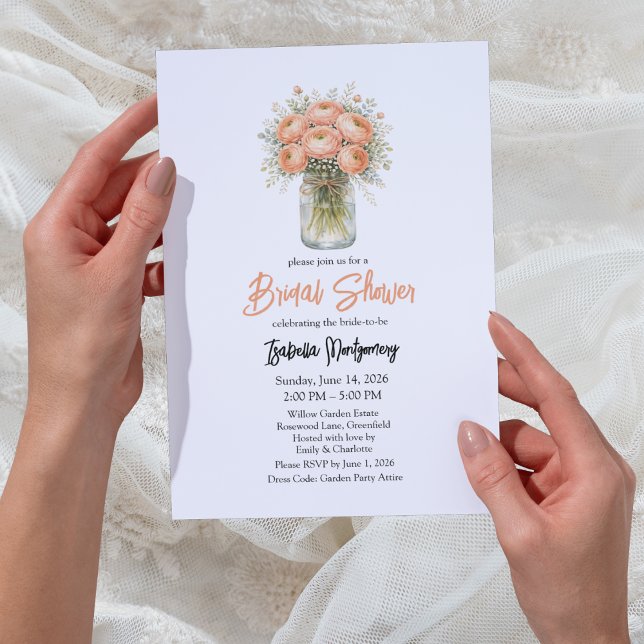 Convite Peach Palette Ranunculus Mason Jar Bridal Shower (Peach Palette Ranunculus Mason Jar Bridal Shower Invitation
)