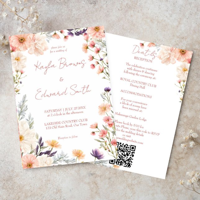 Convite Peach pastel boho wilflower todos num único casame (Peach pastel boho wildflowers all in one wedding invitation editable template digital download)