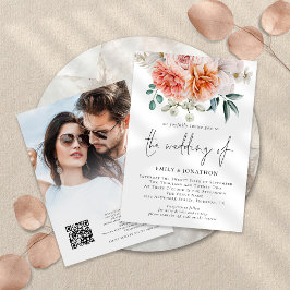 Convite Peach Peonies Florals Foto QR Wedding