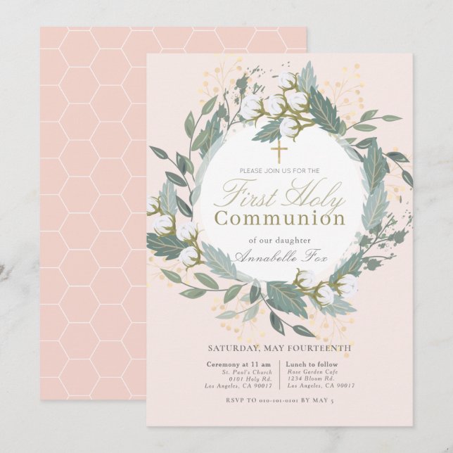 Convite Peach Pink Cotton Wreath First Santa Comunhão (Frente/Verso)