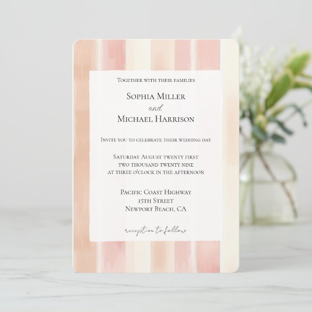 Convite Peach Pink Cream Stripes Wedding (Em pé/Frente)