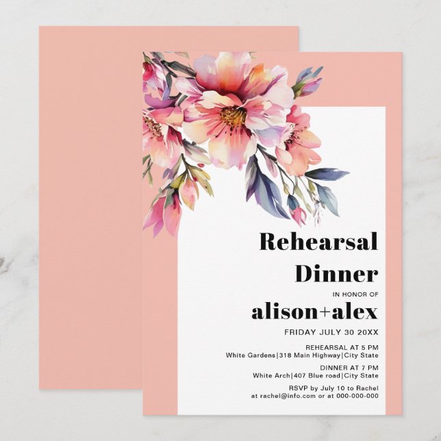 Convite Peach-pink rhododendron wedding rehearsal dinner (Frente/Verso)