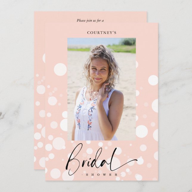 Convite Peach Polka Dot Custom Photo Bridal Shower (Frente/Verso)