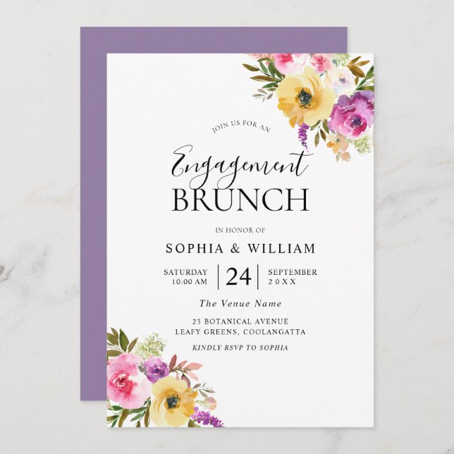 Convite Peach Purple Blush Flowers Festa de noivado Brunch (Frente/Verso)