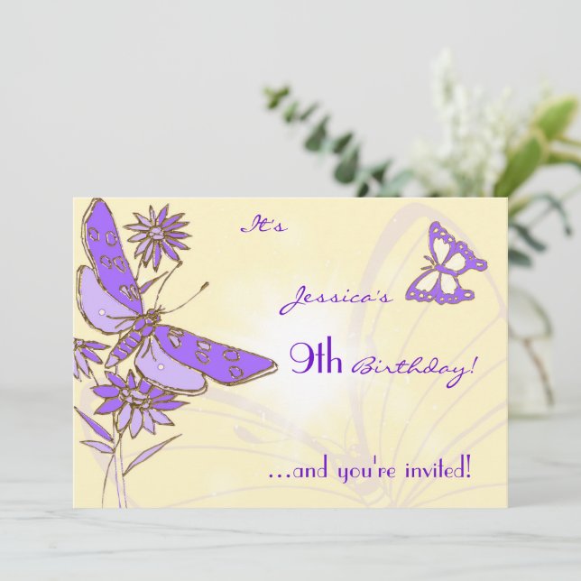 Convite Peach Purple Butterfly Invitation Card (Em pé/Frente)
