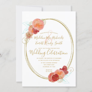 Convite Peach Red Dourada Floral Wreath Invitation