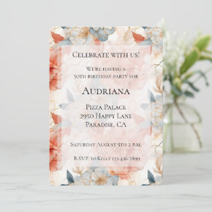 Convite Peach Rosa Blue Floral White Marble Birday