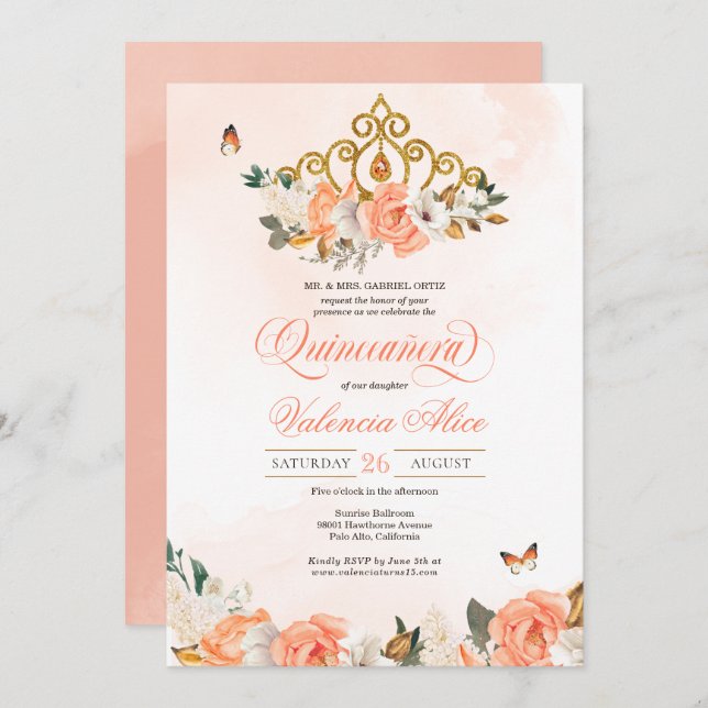 Convite Peach Rosa Dourada Tiara Butterfly Quinceanera (Frente/Verso)