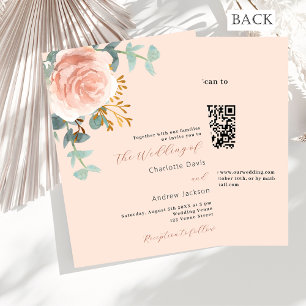 Convite Peach rosa gold florals verde QR RSVP casamento