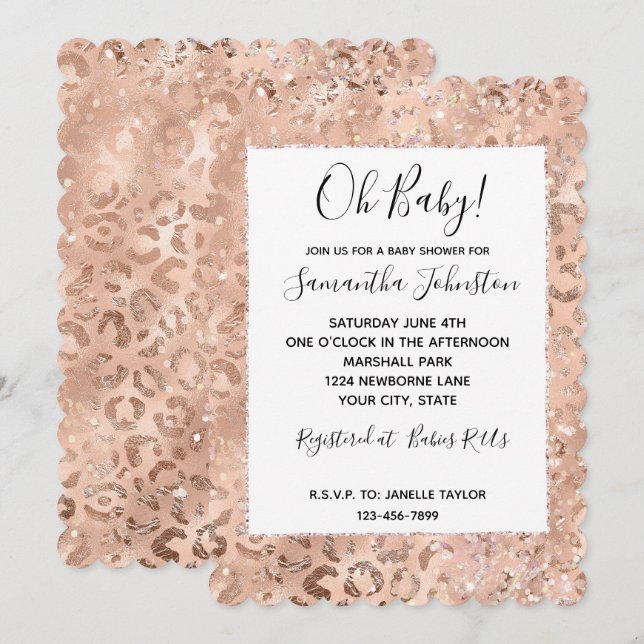 Convite Peach Rosa Leopard Glitz (Frente/Verso)