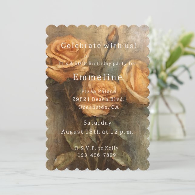 Convite Peach Rosa Romântico Floral 50º Aniversário (Em pé/Frente)