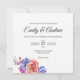 Convite Peach Rose Azul Floral Aquarela Quadrada Casamento