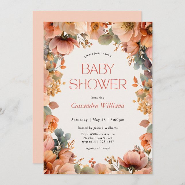 Convite Peach Sage Floral Baby Shower (Frente/Verso)