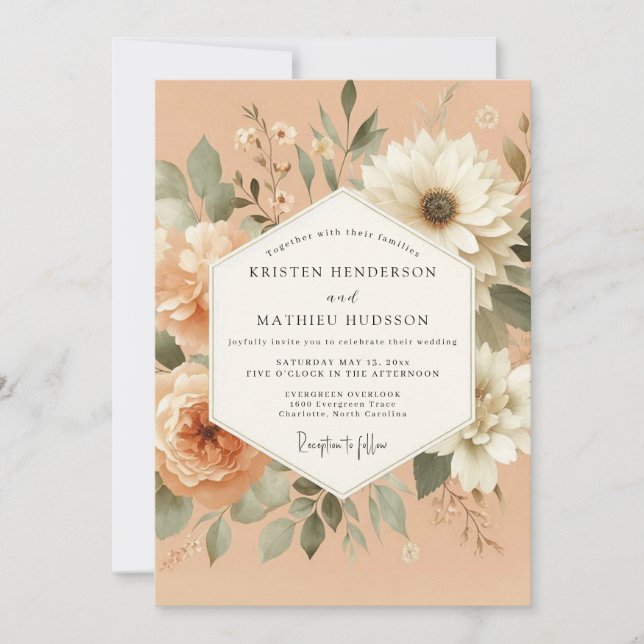 Convite Peach Serene Flora Wedding (Frente)