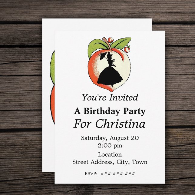 Convite Peach Silhouette Southern Bell Birthday (Silhouette of Southern Belle on a Georgia Peach with leaves on  white Birthday party invitiations.)