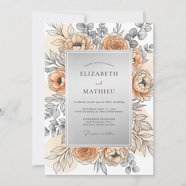 Convite Peach Silver Refined Spring Wedding (Frente)