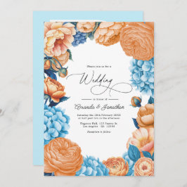 Convite Peach & Sky Blue Watercolor Floral Wedding QR Code