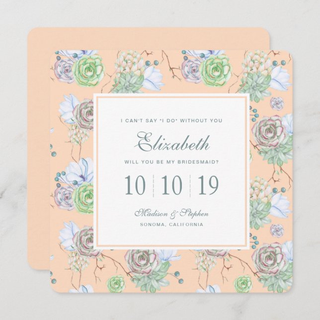 Convite Peach Succults Floral Watercolor - Bridesmaid (Frente/Verso)