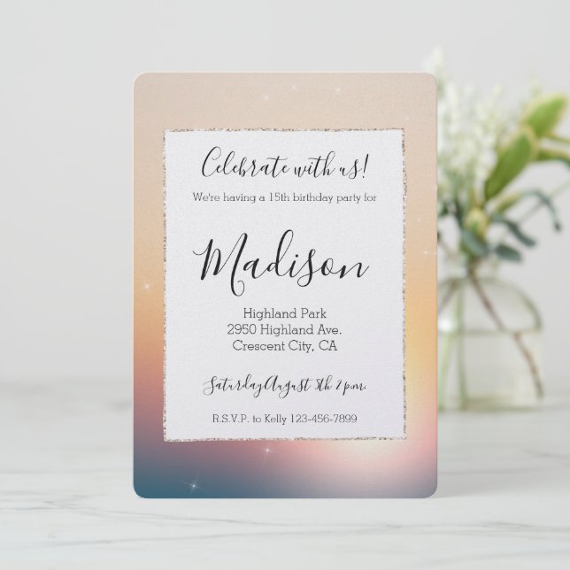 Convite Peach Sunrise Sparkle Birthday (Em pé/Frente)