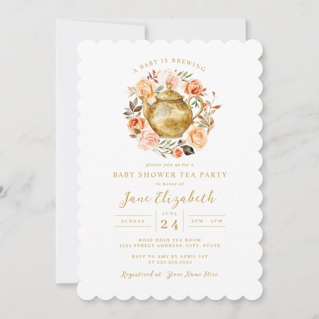 Convite Peach Tea Party A Baby is Breing Chá de fraldas (Frente)