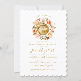 Convite Peach Tea Party A Baby is Breing Chá de fraldas