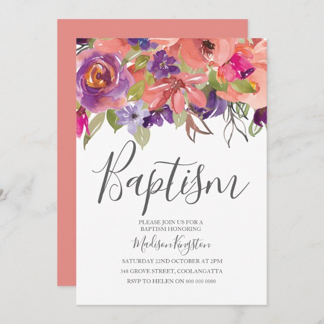 Convite Peach Tropical Flowers Boy Baptism Invite (Frente/Verso)