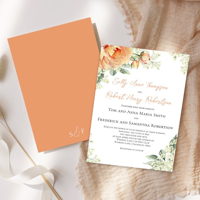 Convite Peach Watercolor Floral Elegant Wedding (Wedding beautiful peach and green floral invitations. )