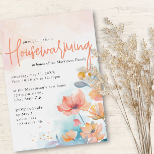 Convite Peach Watercolor Floral Housearming Party