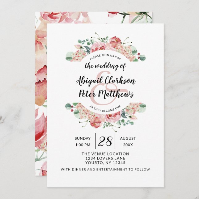 Convite Peach Watercolor Floral Wreath Chic Weds (Frente/Verso)