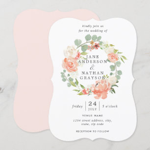 Convite Peach Watercolor Floral Wreath Invitation