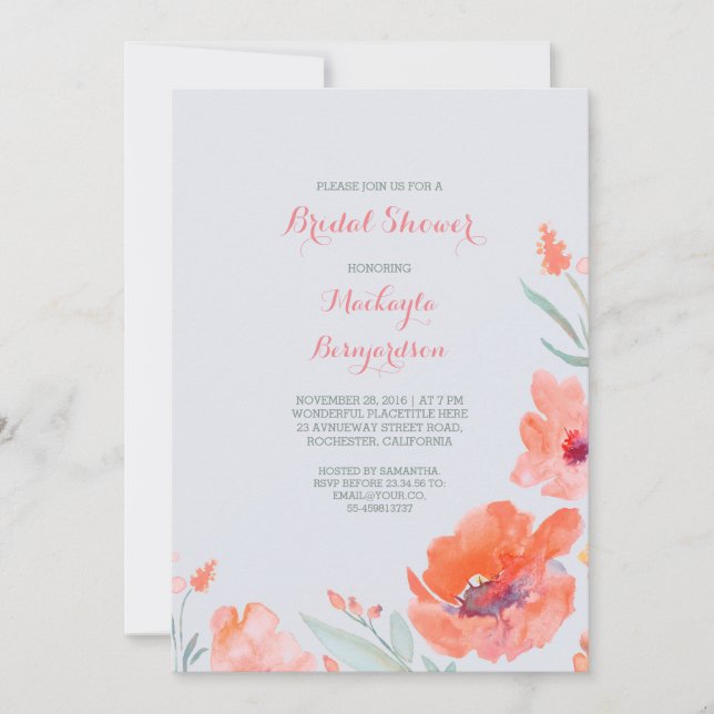 Convite Peach Watercolor Florals Chá de panela de Cuada (Frente)