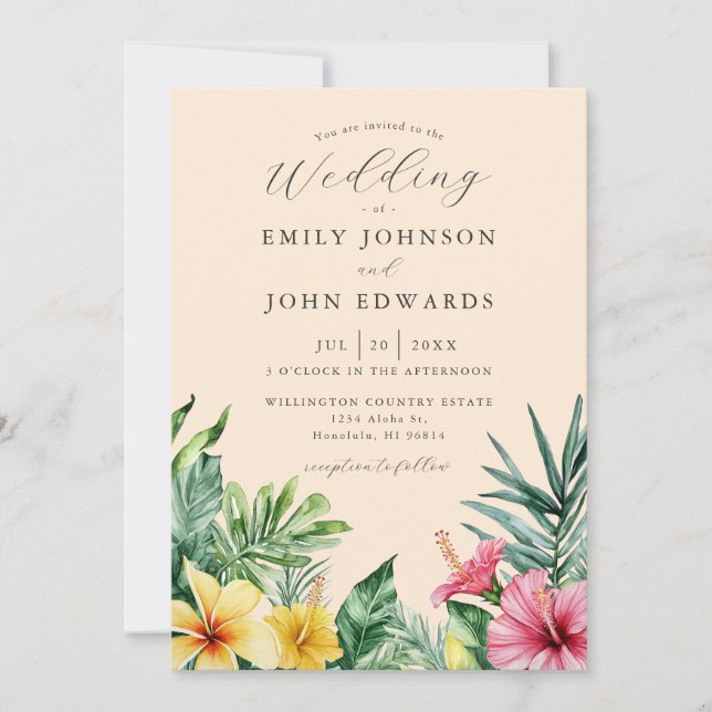 Convite Peach Watercolor Tropical Floral Greenery Wedding (Frente)