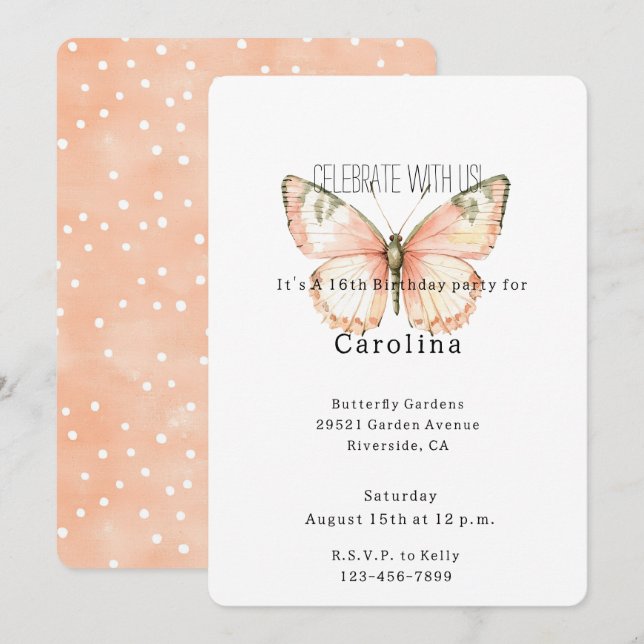 Convite Peach White Dots Butterfly Birthday (Frente/Verso)