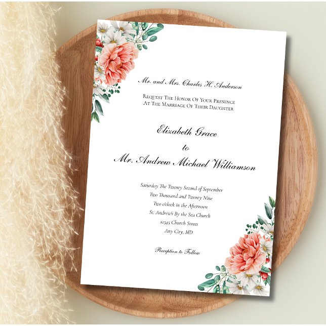 Convite Peach White Greenery Floral Elegante Formal Casame (Peach White Greenery Eucalyptus Wedding invitation Formal Traditional Classy Printed or Digital )