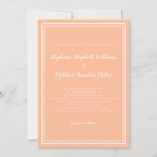 Convite Peach White Wedding Simple Minimalist Modern Chic (Frente)
