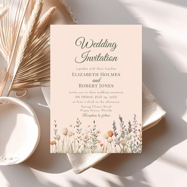 Convite Peach Wildflower Meadow Weditation (Peach Wildflower Meadow Wedding Invitation on a neutral boho table with dry flowers.)
